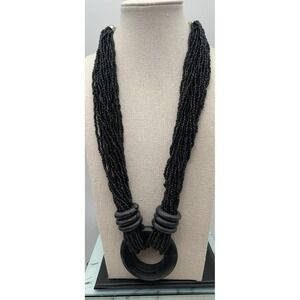 Black Glass Seed Bead Multi 20 Strand Necklace Tribal Ethnic 25" Vintage